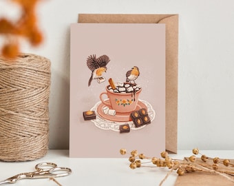 Cosy Cup Of Cocoa Postcard | A6 | Cosy Winter Art | Bird Illustration | Illustrated Greeting Card | Children's Wall Decor | Small Gift