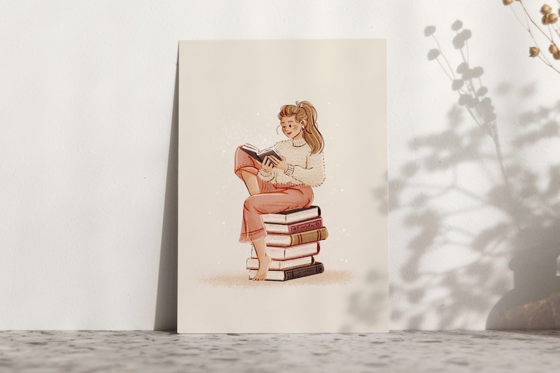 Bookworm Postcard A6 Book Lover Art Self-care Illustration Reading Girl Illustrated Greeting Card Wall Decor Small Gift image 2