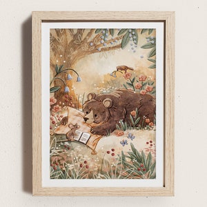 Sleepy Bear Illustrated Art Print | A5 | Reading Mouse Illustration | Garden Flowers | Children's Wall Art | Nursery Decor | Small Gift