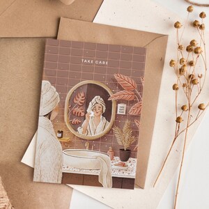 Cartolina Take Care / A6 / Arte della cura di sé / Illustrazione dell'amore per se stessi / SPA / Biglietto d'auguri illustrato / Guarisci presto / Decorazione da parete / Piccolo regalo