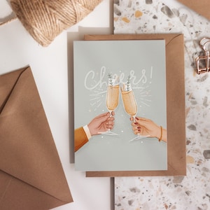 Cartão postal Cheers | A6 | Arte para ocasiões especiais | Casamento | Ano novo | Aniversário | Cartão de felicitações ilustrado de aniversário | Decoração de parede | Presente
