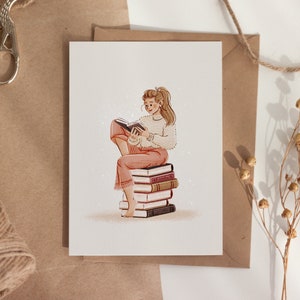 Bookworm Postcard | A6 | Book Lover Art | Self-care Illustration | Reading Girl | Illustrated Greeting Card | Wall Decor | Small Gift