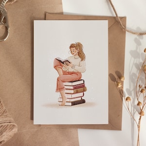 postale de rat de bibliothèque A6 Amoureux des livres Illustration pour prendre soin de soi Fille qui lit Carte de voeux illustrée Décoration murale Petit cadeau image 1