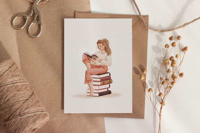 Bookworm Postcard A6 Book Lover Art Self-care Illustration Reading Girl Illustrated Greeting Card Wall Decor Small Gift image 1