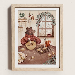 Baker Bear Illustrated Art Print | A5 | Winter Baking Illustration | Bear Squirrel Cookies | Wall Art | Nursery Decor | Small Gift