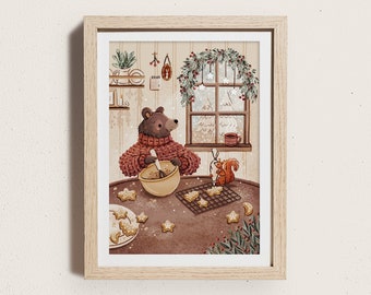 Impression d'art illustrée Baker Bear | A5 | Illustration de pâtisserie d'hiver | Biscuits ours écureuil | Art mural | Décoration de chambre d'enfant | Petit cadeau