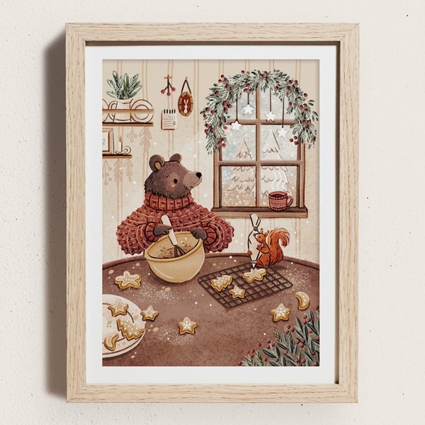 Baker Bear Illustrated Art Print | A5 | Winter Baking Illustration | Bear Squirrel Cookies | Wall Art | Nursery Decor | Small Gift