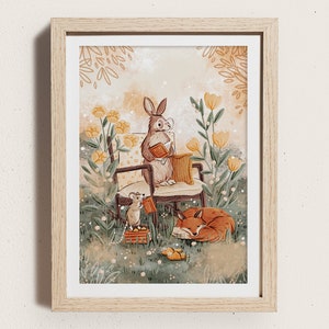 Bedtime Stories Illustrated Art Print | A5 | Bunny Fox Mouse Illustration | Woodland Animals | Children's Wall Art | Nursery Decor | Gift