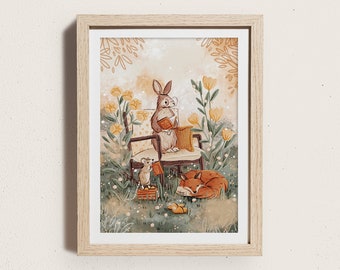 Impression d'art illustrée d'histoires au coucher | A5 | Illustration de souris lapin renard | Animaux des bois | Décoration murale pour enfants | Décoration de chambre d'enfant | Cadeau