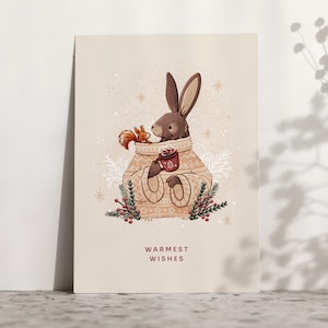Warm Hug Weihnachtskarte | DIN A6 | Festliche Kunst | Hase Eichhörnchen Illustration | Illustrierte Grußkarte | Herzliche Grüße | Frohe Feiertage
