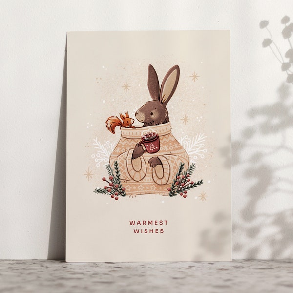 Weihnachten Warm Umarmung Postkarte | A6 | Festliche Kunst | Häschen Eichhörnchen Illustration | Illustrierte Grußkarte | Herzliche Grüße | Schöne Feiertage