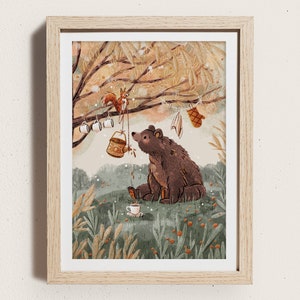 Bear And Squirrel Illustrated Art Print | A5 | Forest Animals Tea-time Illustration | Children's Wall Art | Nursery Decor | Small Gift