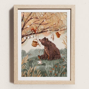 Stampa artistica illustrata con orso e scoiattolo / A5 / Illustrazione di animali della foresta durante l'ora del tè / Arte murale per bambini / Decorazione per la cameretta dei bambini / Piccolo regalo