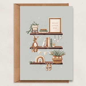 Hello Little One - pocztówka miętowa | A6 | Sztuka w przedszkolu | Ilustracja powitalna dla maluszka | Ilustrowana kartka z pozdrowieniami | Dekoracja ścienna | Mały prezent