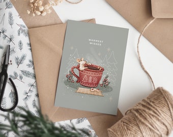 Christmas Cosy Mug postkaart | A6 | Festive Art | Mouse in a Cup Illustration | Illustrated Greeting Card | Warmest wishes | Happy holidays