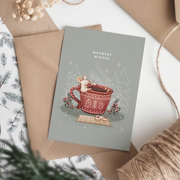 Christmas Cosy Mug Postcard | A6 | Festive Art | Mouse in a Cup Illustration | Illustrated Greeting Card | Warmest wishes | Happy holidays