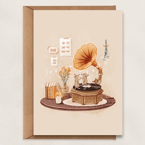 Tiny Dance Party Postcard | A6 | Celebrations Mice Art | Vintage Gramophone Illustration | Illustrated Greeting Card | Wall Decor | Gift