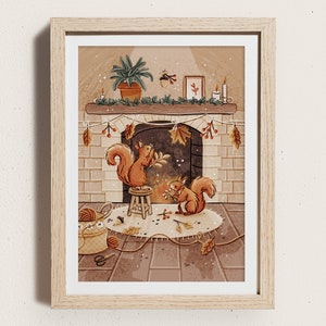 Herbst Schätze Illustriert Kunstdruck | DIN A5 | Gemütlicher Kamin Illustration | Eichhörnchen Dekorieren | Kinder Wand Kunst | Kinderzimmer Dekor