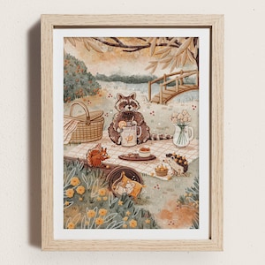 Picnic By The River Stampa artistica illustrata / A5 / Illustrazione di animali della foresta / Animali del bosco / Arte murale per bambini / Decorazione per la cameretta dei bambini / Regalo