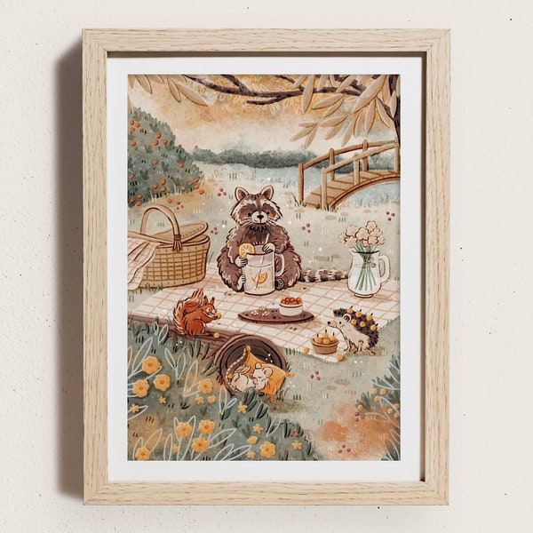 Impression d'art illustrée de pique-nique au bord de la rivière | A5 | Illustration d'animaux de la forêt | Animaux des bois | Décoration murale pour enfants | Décoration de chambre d'enfant | Cadeau