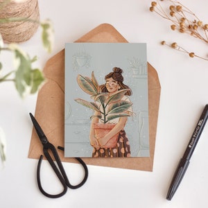 Cartão postal Plant Lady | A6 | Arte de casa nova feliz | Ilustração de amante de plantas | Cartão de felicitações ilustrado de autocuidado | Decoração de parede da natureza