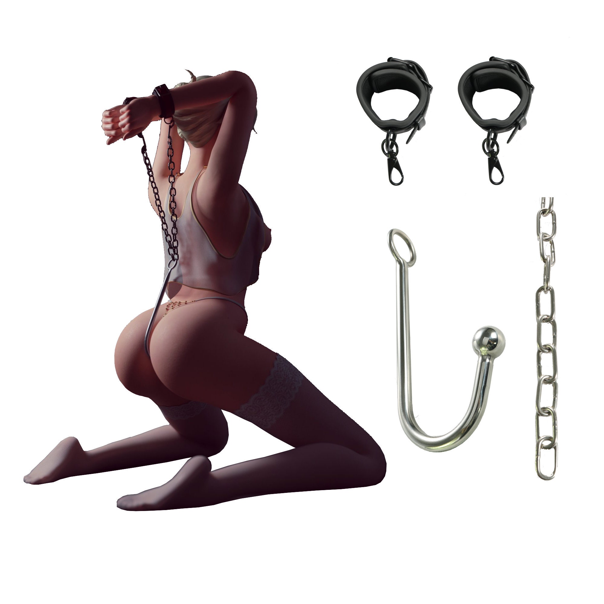 Adjustable PU Leather Handcuffs With Stainless Steel Anal Hook