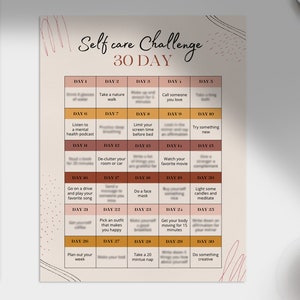 Digitale kalender 30 dagen zelfzorguitdaging: afdrukbare boho-wellnessplanner voor mindfulness en ontspanning
