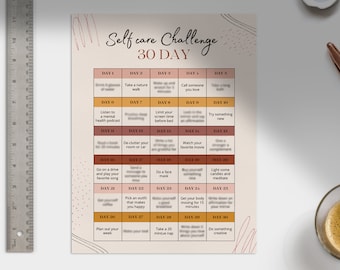 Self Care 30-Day Challenge Printable: Digital Wellness Calendar Boho Style Stress Relief Chart