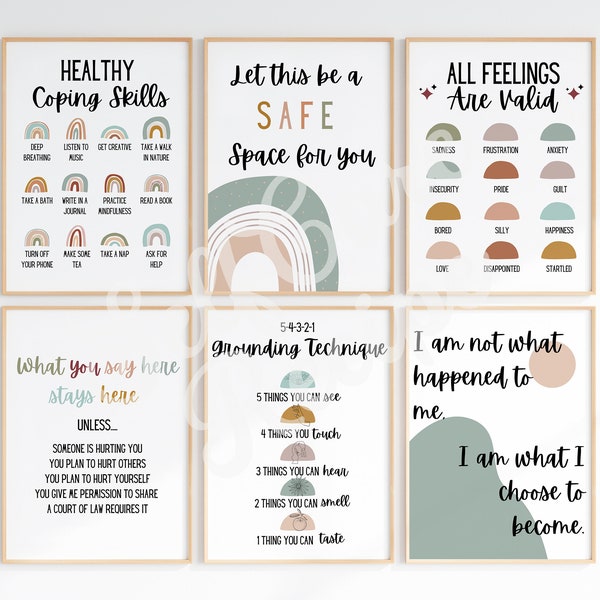 Light Boho Therapist Office Wall Art Set of 6 | Therapy Posters | Motivational Quotes | Counseling Center Decor | Psychology Print Posters