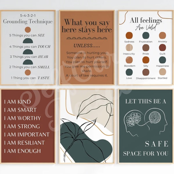 Modern Boho Therapist Office Wall Art Set of 6 | Therapy Posters | Motivational Quotes | Abstract Counseling Decor | Psychology Print Poster