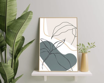 Boho Leaf Line Art Print: Beige Minimalist Decor (Digital Download)