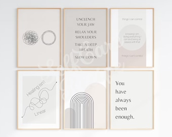 May include: Six framed art prints with minimalist designs and inspirational quotes. The prints feature abstract line art, geometric shapes, and phrases like "Unclench Your Jaw" and "You have always been enough."