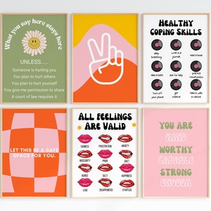 Vintage Retro Therapist Office Wall Art Set of 6 | Therapy Posters | Motivational Quotes | Counseling Center Decor | Psychology Print Poster