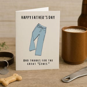 Tarjeta imprimible divertida del Día del Padre "Grandes Genes" • Descarga instantánea • Doblable a 5.5x8.5 • Juego de palabras con jeans • Versión a color y blanco y negro para ahorrar tinta