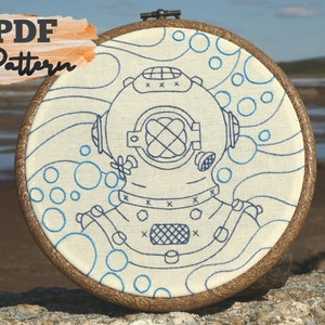 Hand embroidery PDF pattern, Retro Diver design, instant download