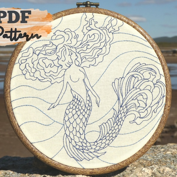 Hand embroidery PDF pattern, Fairytale Mermaid, instant download