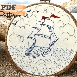 Ship at sea, nautical hand embroidery PDF pattern, DIY embroidery pattern, instant download