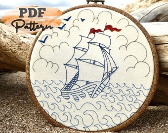 Ship at sea, nautical hand embroidery PDF pattern, DIY embroidery pattern, instant download