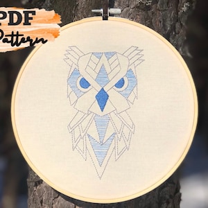 Hand embroidery pattern, geometric owl, PDF instant download, step by step instructions