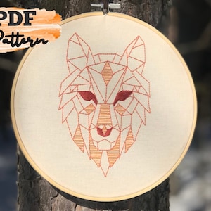 Hand embroidery pattern, geometric wolf, PDF instant download, step by step instructions