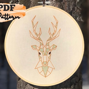Hand embroidery pattern, geometric stag, PDF instant download, step by step instructions
