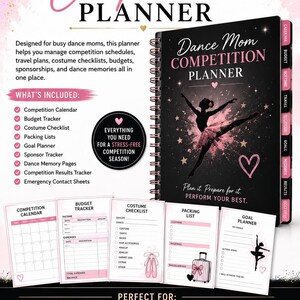May include: A black spiral-bound Dance Mom Competition Planner with a pink ballerina silhouette on the cover. The planner includes tabbed sections for budget, travel, and costumes, plus printable pages for calendars, checklists, and goal tracking.
