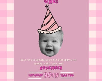 Editable Birthday Invitation Template – Pink Gingham Girl First Birthday Invite – Custom Baby Face – Printable Baby Party Invitation