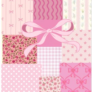 May include: A collage of pink patterns, including bows, stripes, wavy lines, floral prints, stars, polka dots, gingham, and roses. A large pink bow is centered over the patterns. The overall theme is feminine and decorative.