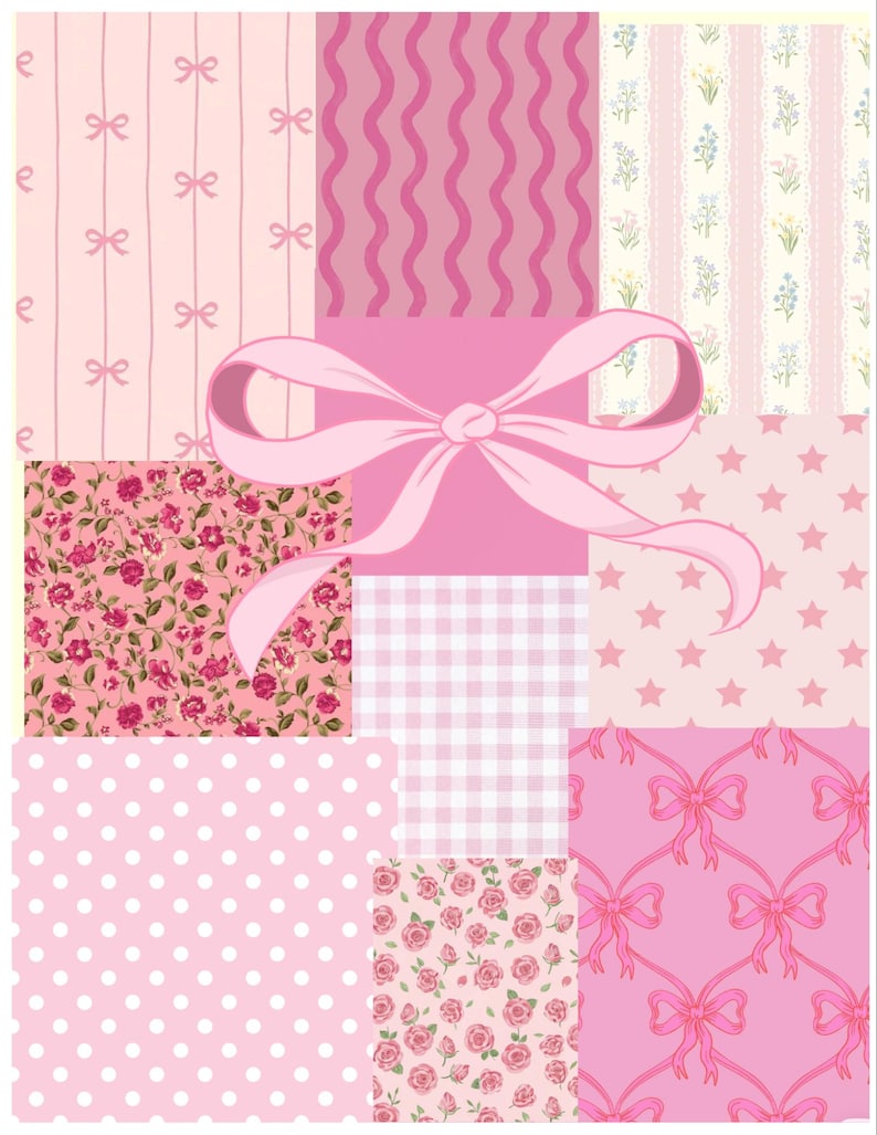 May include: A collage of pink patterns, including bows, stripes, wavy lines, floral prints, stars, polka dots, gingham, and roses. A large pink bow is centered over the patterns. The overall theme is feminine and decorative.