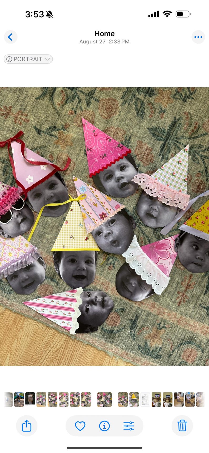 May include: A collection of party hats with baby faces, in black and white, with various patterns and colors. The hats are pink, yellow, and green, with ribbons and lace. The theme is a baby's birthday party.