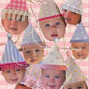 May include: A collage of baby faces wearing party hats in various pastel colors and patterns, including pink gingham, floral prints, and striped designs. The hats are adorned with ribbons and lace, set against a pink and white striped background.