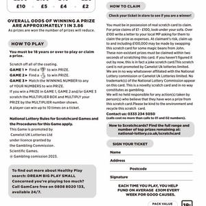 May include: A scratch card with text indicating prizes up to &pound;250,000. The card includes instructions on how to play, a barcode, and a section for the player's signature. The pack value is &pound;240, and the pack quantity is 120.