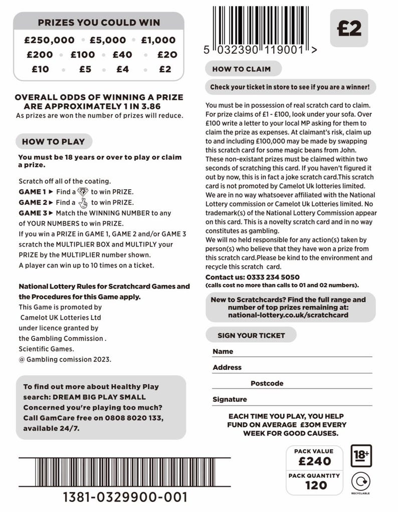 May include: A scratch card with text indicating prizes up to &pound;250,000. The card includes instructions on how to play, a barcode, and a section for the player's signature. The pack value is &pound;240, and the pack quantity is 120.