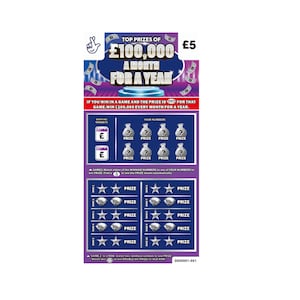 May include: A lottery ticket with the text "TOP PRIZES OF £100,000 A MONTH FOR A YEAR" in a purple and blue design. The ticket features scratch-off areas with symbols and the text "PRIZE". The ticket is priced at £5.